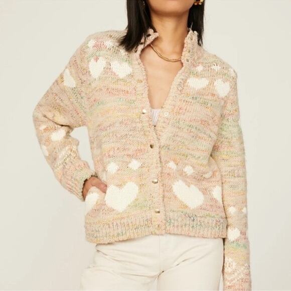 Nwot LOVESHACKFANCY Cardigan M Pink White-Hearts Gold-Snap-Up Wool Cotton Pocket - Picture 2 of 16